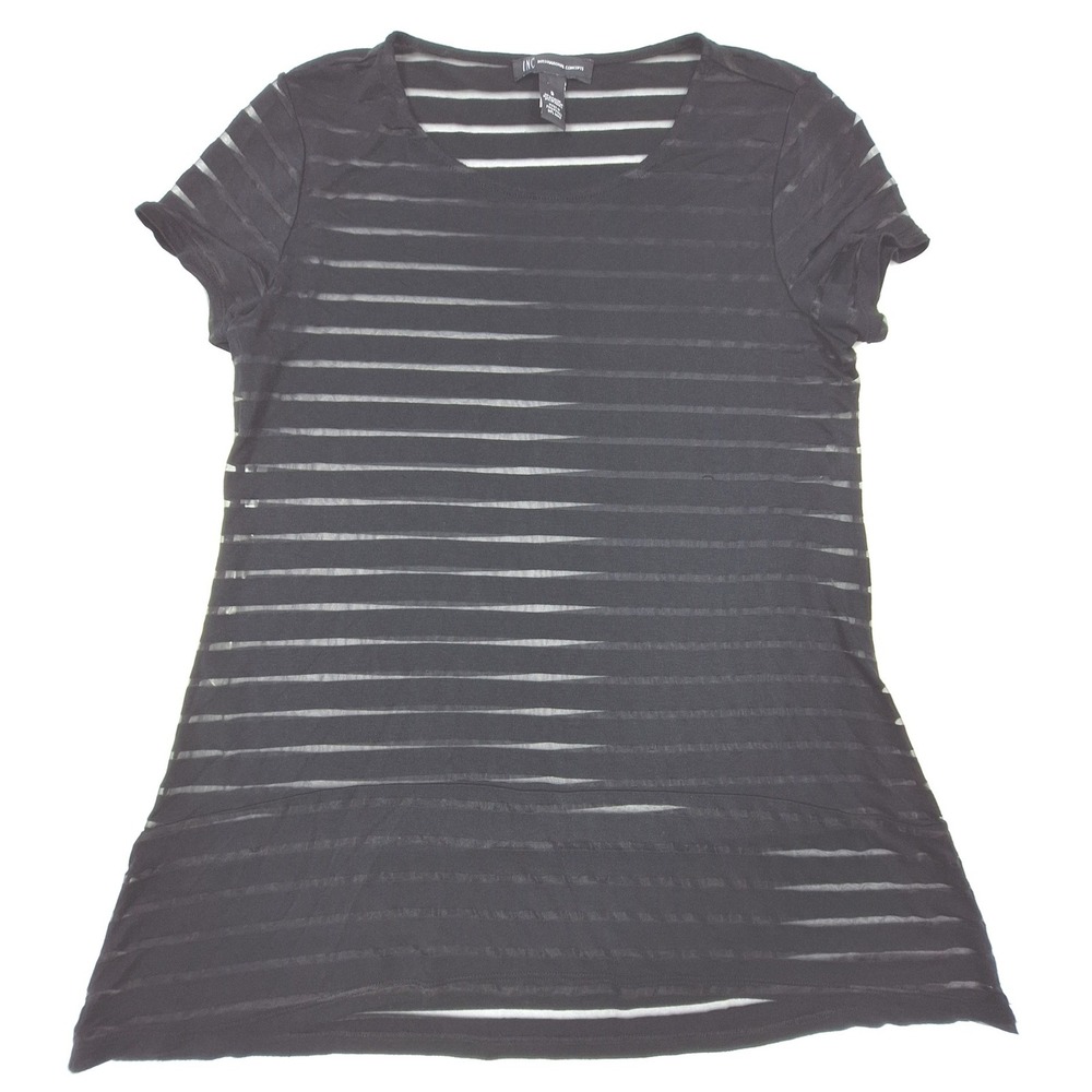 INC Short Sleeve Top Womens Small Black Sheer Striped Tunic Scoop Neck Stretch